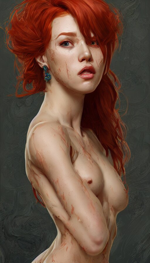 cheaky ginger, confident, bold, passionate , seductive, expressive, charismatic, very sweaty, intricate fashion clothing, insane, intricate, highly detailed, digital painting, artstation, concept art, smooth, sharp focus, illustration, Unreal Engine 5, 8K, art by artgerm and greg rutkowski and alphonse mucha