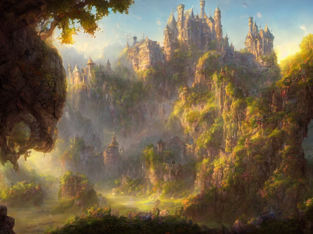 a beautiful masterpiece painting of a castle in a fantasy landscape by tyler edlin, perfect fine weather, summer, award winning, trending on artstation, 