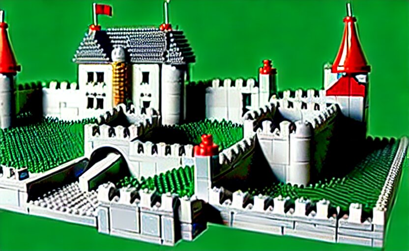 a realistic detailed accurate Lego set of a medieval French castle on a green hill