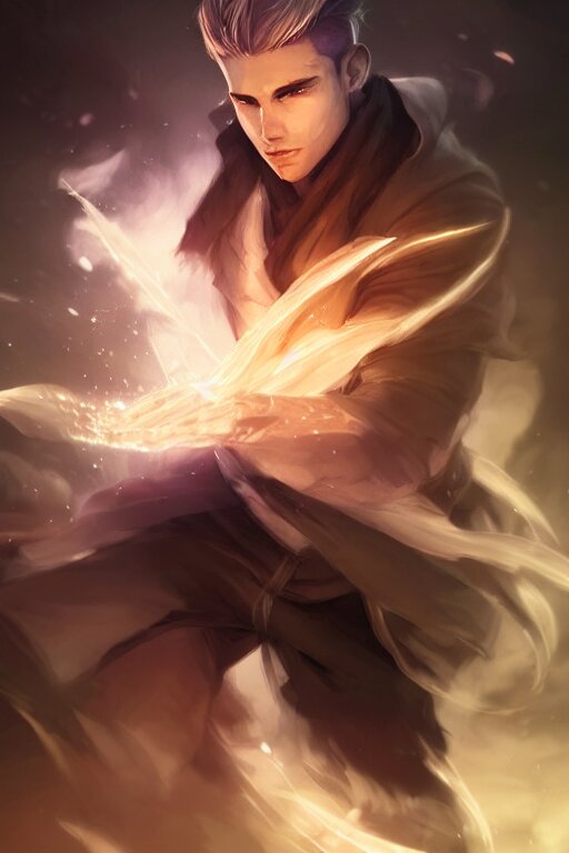 a human elemental sorcerer, blurred environment background, epic magic effects, white skin, medium portrait, male, sharp focus, digital art, concept art, post processed, dynamic lighting, by emylie boivin and rossdraws 