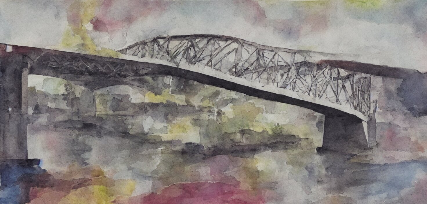 bridge over a river , angular, splotches, soft outlines, high contrast, muted colours