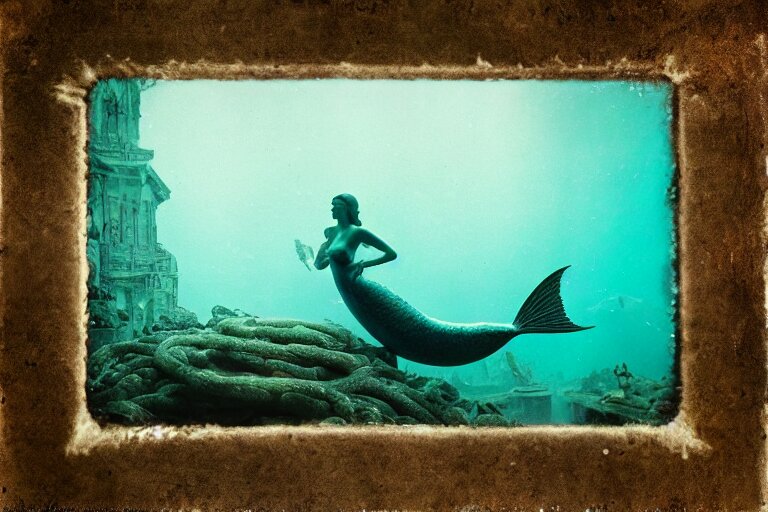 analog photograph of underwater ruins with a mermaid and kelp, deep azure tones, film grain, color bleed, bokeh, depth of field, by ansel adams, ruan jia