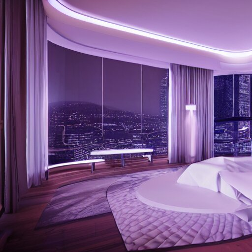 a futuristic luxury white bedroom with ceiling high windows looking out to a cyberpunk cityscape, flying cars, night time, neon lights, cinematic 3d render, unreal engine 5, cgsociety