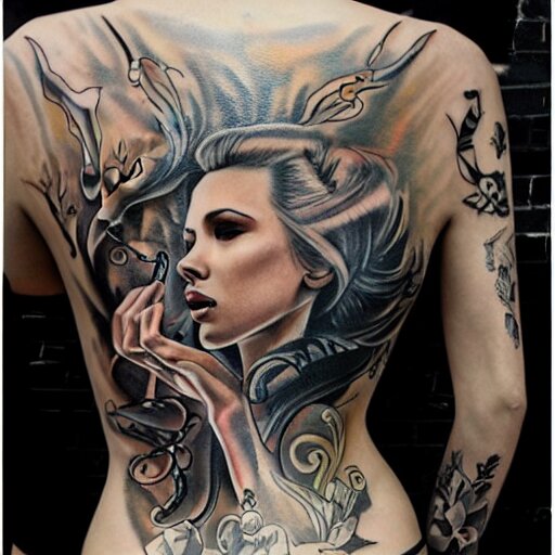 tattoo of Scarlett Johansson, by Loish, back tattoo