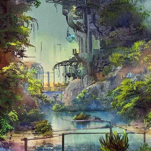 Beautiful happy picturesque charming sci-fi town in harmony with nature. Beautiful light. Water and plants. Nice colour scheme, soft warm colour. Beautiful detailed watercolor by Lurid. (2022)