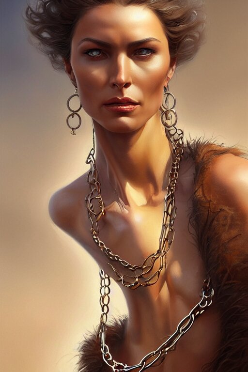 fullbody potrait of schitzophrenic woman in street, woman is wearing chains, hyper realistic, intricate, elegant, highly detailed, digital painting, artstation, concept art, matte, sharp focus art by boris vallejo and greg rutkowski, smooth, sharp focus, illustration 