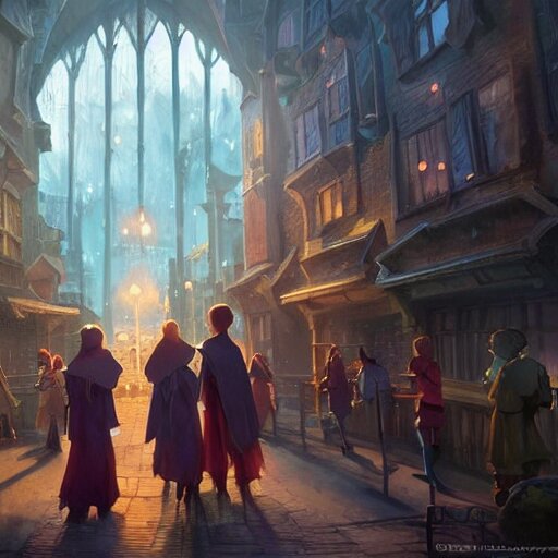 a wholesome animation key shot of harry potter students, fantasy, colorful, pixar and disney animation, sharp, very detailed, high resolution, key art by greg rutkowski, bloom, dramatic lighting 