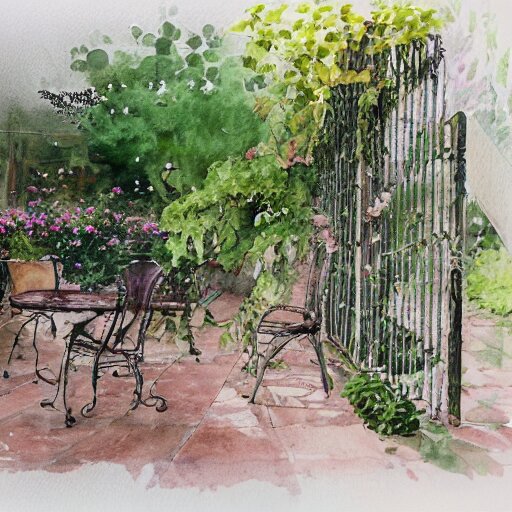 delicate, garden, paved, botanic watercolors, iridescent, 8 k, realistic shaded, fine details, artstation, italian, chairs, iron gate, pine maritime, mediterranean 