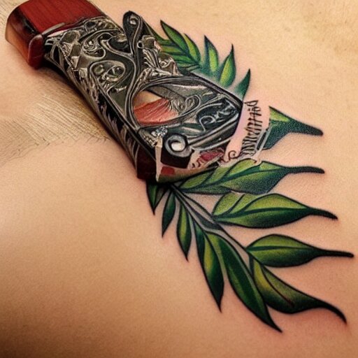 neotraditional Tattoo of a switchblade with fern wrapping around it