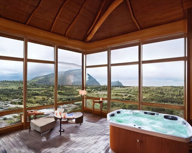 a luxury hotel room with a beautiful view from the balcony, and a hot tub inside. 