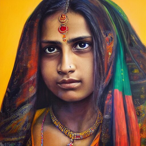 stunning, breathtaking, awe - inspiring award - winning concept art portrait painting by steve mccurry of a beautiful young hindu woman warrior with short, wavy hair, wearing a colorful sari 