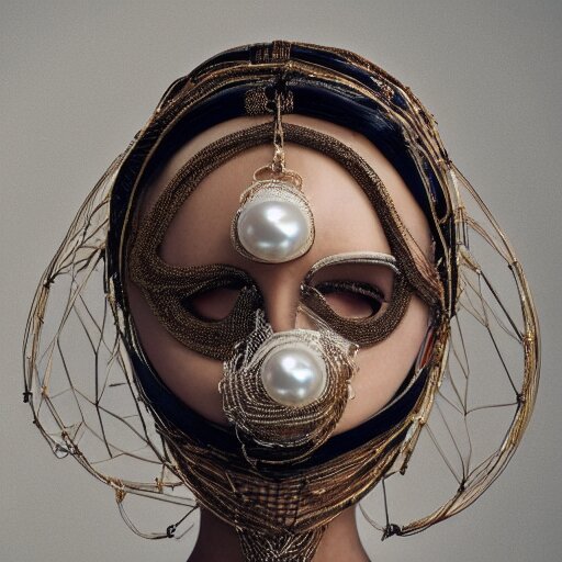 a beautiful futuristic portrait covered by mask made of pearl and wire, necklace made by silk and wires twisted around neck, design by leonardo davinci, inspired by egon schiele, modern art, baroque art jewelry, new classic, hyper realistic, cinematic composition, cinematic lighting, fashion design, concept art, hdri, 4 k - 