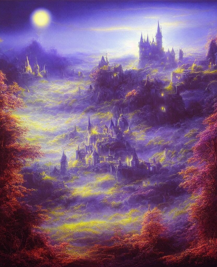 beautiful matte airbrush painting of a of a fantasy landscape with a european medieval castle made of light in the distance enveloped in trails of colorful animal ghosts floating around it, clear painting and good lighting, dark blue and intense purple color palette, mystical fog, art by gilbert williams, yoshitaka amano, high quality 