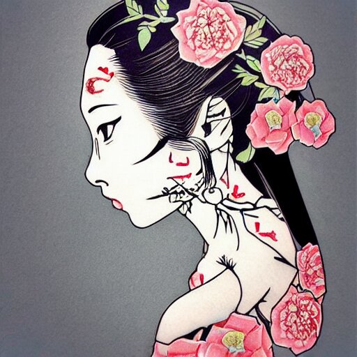 tattoo design, stencil, stencil on paper, tattoo stencil, traditional, beautiful portrait of a traditional Japanese girl with flowers in her hair, upper body, by artgerm, artgerm, artgerm, digital art, cat girl, anime eyes, anime, sexy, super model-s 100