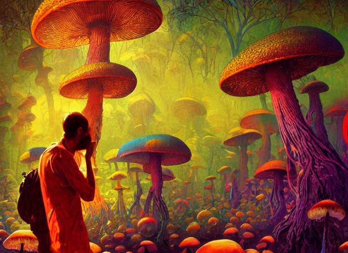 A psychedelic portrait of you are attacked by a group of crooked mushroom theurges , vibrant color scheme, highly detailed, in the style of romanticism, cinematic, artstation, Moebius, Greg rutkowski futurism, no blur, 4k resolution, sharp ages, ultra detailed, style of John Berkey, Norman Rockwell, Hans Thoma, Ivan Shishkin, Tyler Edlin, Thomas Kinkad