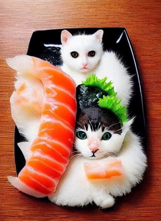 clear photorealistic picture of adorable cats made out of sushi 