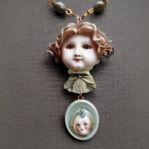 creepy porcelain victorian doll artnouveau necklace 