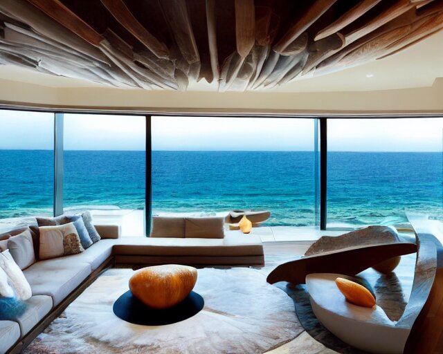 A modern living room inspired by the ocean, a luxurious wooden coffee table with large seashells on top in the center, amazing detail, 8k resolution, calm, relaxed style, harmony, wide angle shot