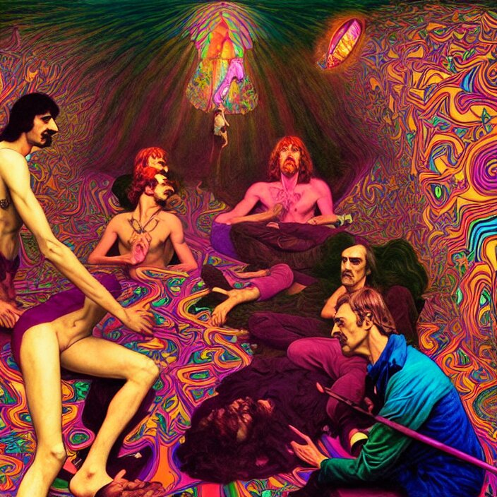 bright psychedelic photo of pink floyd and frank zappa tripping on lsd, diffuse lighting, fantasy, intricate, elegant, highly detailed, lifelike, photorealistic, digital painting, artstation, illustration, concept art, smooth, sharp focus, art by John Collier and Albert Aublet and Krenz Cushart and Artem Demura and Alphonse Mucha