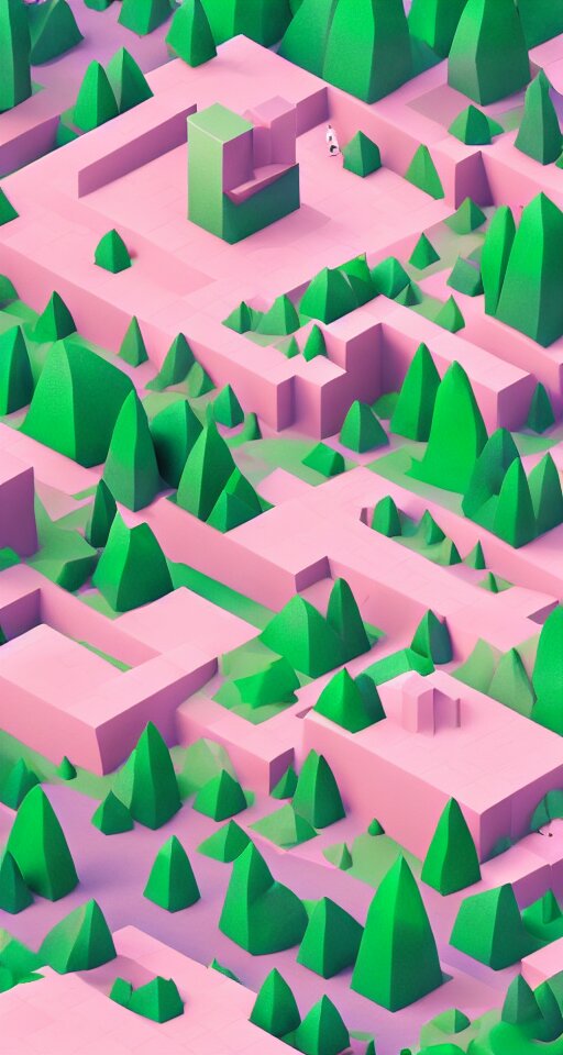 a cute little matte low poly isometric cherry blossom forest island, pink waterfalls, mist, lat lighting, soft shadows, trending on artstation, 3d render, monument valley, fez video game,