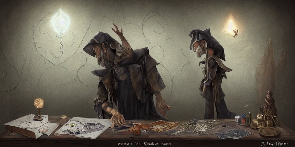 lonely aristocrat examining the mysteries of tarot cards on a magical blackboard, background is magical blackboard with chalk drawings of tarot cards,, fantasy art, matte painting, high quality, digital painting, artwork by tony sart 