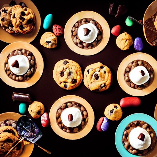 opulent banquet of plates of freshly baked chocolate chip cookies, jelly beans, chocolate sauce, marshmallows, highly detailed, food photography, art by rembrandt 