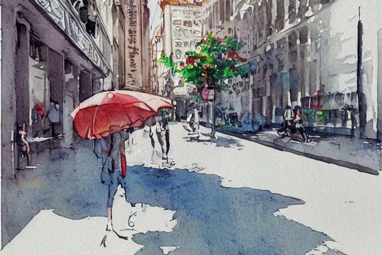 street summer watercolor pen by brad mesina trending on artstation 