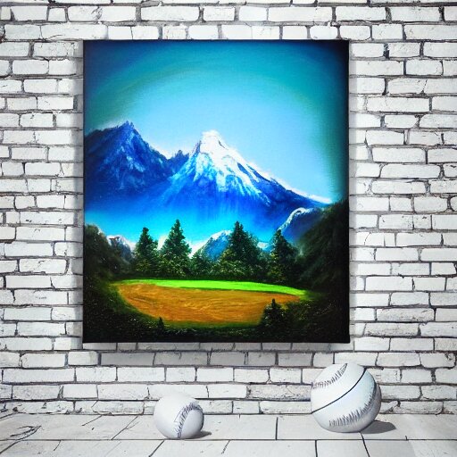 a closeup photorealistic photograph of bob ross themed kenny powers baseball, painting on a canvas. mountains and trees. film still. brightly lit scene. this 4 k hd image is trending on artstation, featured on behance, well - rendered, extra crisp, features intricate detail, epic composition and the style of unreal engine. 