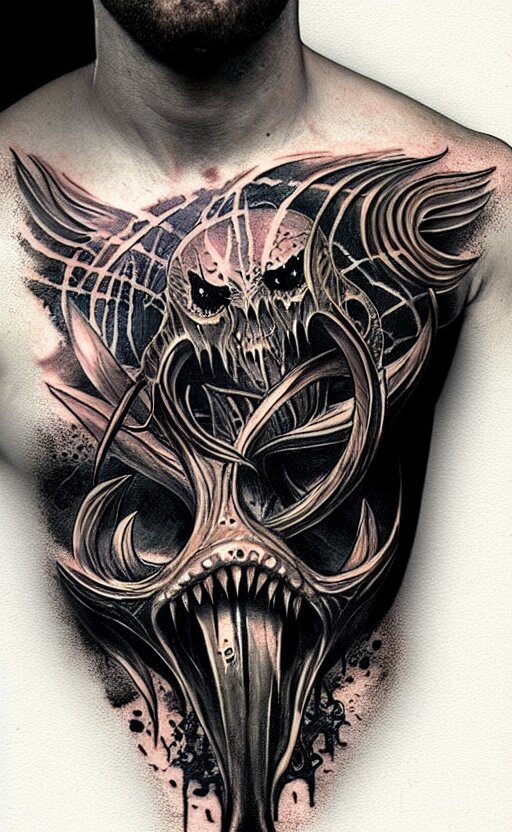 chest tattoo cthulhu by greg rutkowski, by giger, by maxim verehin 