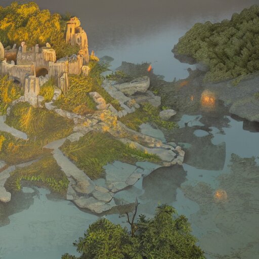 overhead RPG battlemap of a stone fort sitting above a swamp in the sunset, dramatic lighting by alan lee by peter mohrbacher, trending on artstation sharp focus vfx key shot