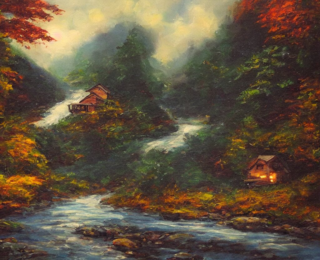 a river running past a cozy cabin in mountain side, night, heavy rain, colorful, classic painting, award winning, highly detailed 