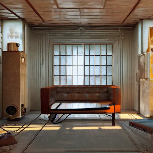 Sci fi living room engine room, electric wallpaper, unreal engine 5 tech demo, zillow interior, cool tint, metallic reflective, octane render, Frank Lloyd Wright ((Studio Ghibli))