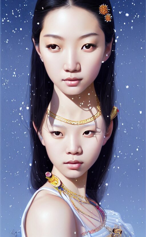 a beautiful young charming asian goddess with sundress + jewelry + shinny eyes | | winter, symmetric, realistic shaded, unpleasant face, good looking, fine details, dior, lv, realistic shaded lighting poster by greg rutkowski, macoto takahashi, magali villeneuve, artgerm, jeremy lipkin and michael garmash 