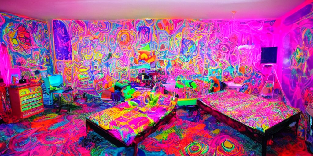 a cluttered psychedelic 90s room with a blacklight and glowing furniture