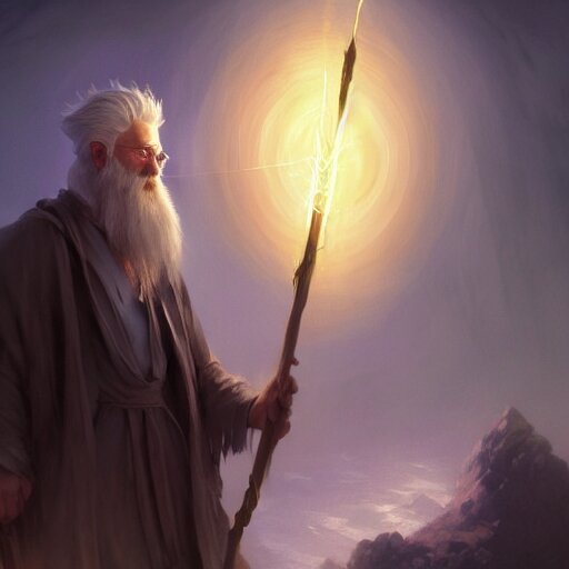 cinematic shot epic portrait an wizard with gray hair and long beard casting a spell with a magic wand, glowing, magic, broad light, ambient occlusion, volumetric light effect, made by ivan aivazovsky, peter mohrbacher, greg rutkowski, matte painting, trending on artstation, 4 k, perfectly defined features, digital painting, cinematic, epic, highly detailed, 