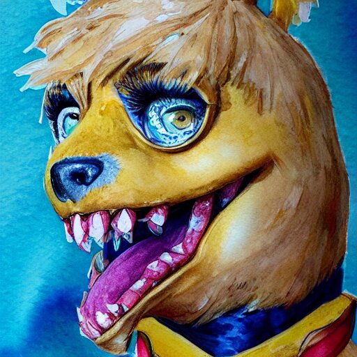 water color on paper, chica animatronic portrait, highly detailed, artstation, masterpiece, award - winning, 