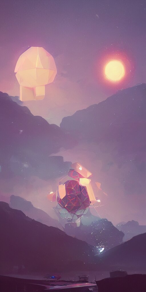 greg rutkowski, beeple, a painting by ralph mcquarrie of floating molecules and icosahedron with stars, clouds, and rainbows in the background, trending on artstation, masterpiece, incredible details 