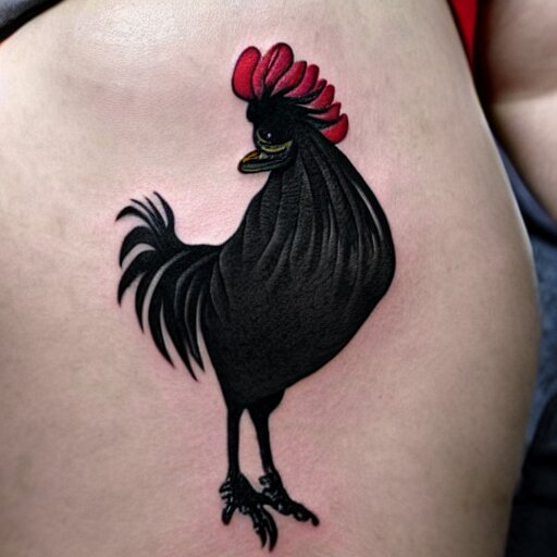 A small tattoo of a black rooster. The black chicken is holding smoking a large cannabis blunt in its mouth