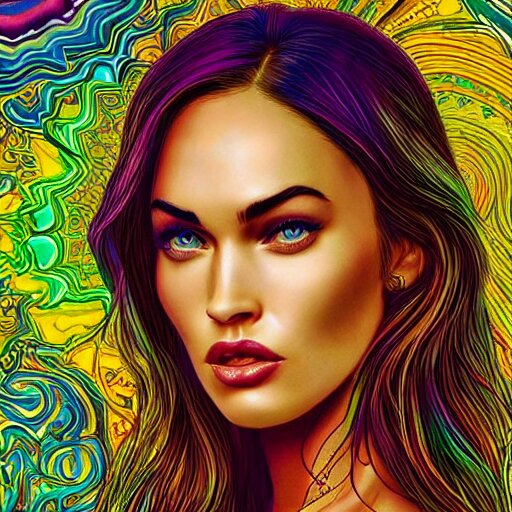 an extremely psychedelic portrait of megan fox, surreal, lsd, face, detailed, intricate, elegant, lithe, highly detailed, digital oth, sharp focus, illustration, 