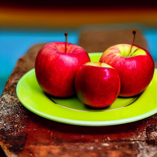 a wide angle side view realistic photo of only 3 apples on a colorful plate, award winning, food photography, by ansel adams 