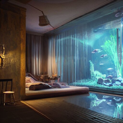 a spacious room with freshwater aquariums as walls, dim light, hyper realistic, ambient lighting, concept art, intricate, hyper detailed, smooth, dynamic volumetric lighting, octane, raytrace, cinematic, high quality, high resolution, 4 k, cgsociety, rutkowski, gurney 