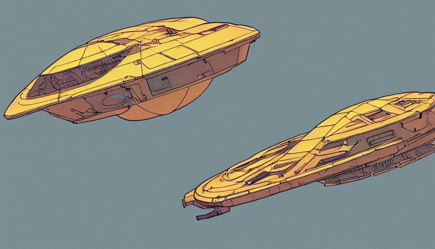 flat color illustration of futuristic spacecraft by moebius and sparth, 