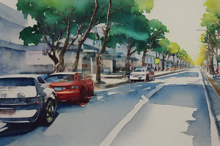 !! watercolor!! penang road in a sunny day, artwork by tooth wu, colorful contrast,!!!! very coherent!!!!, dark shadow, thick lineart 