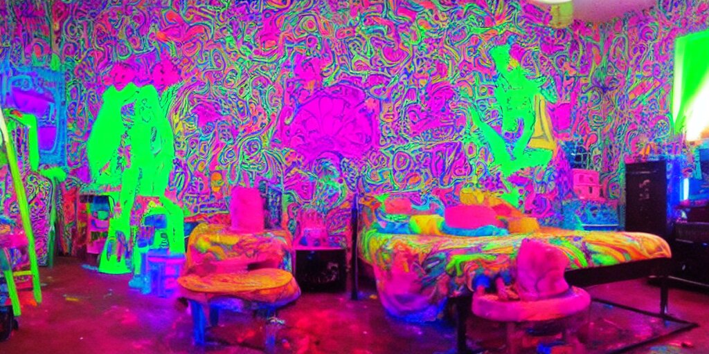 a cluttered psychedelic 90s room with a blacklight and glowing furniture