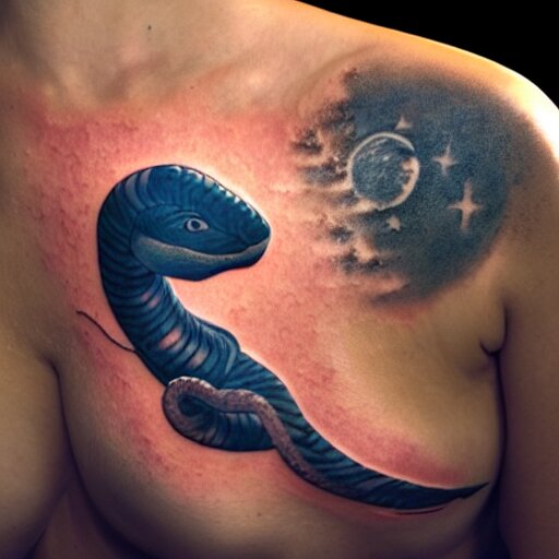 a woman with a tattoo of a snake sitting on the moon gazing at the milkyway, volumetric light, ray tracing, 