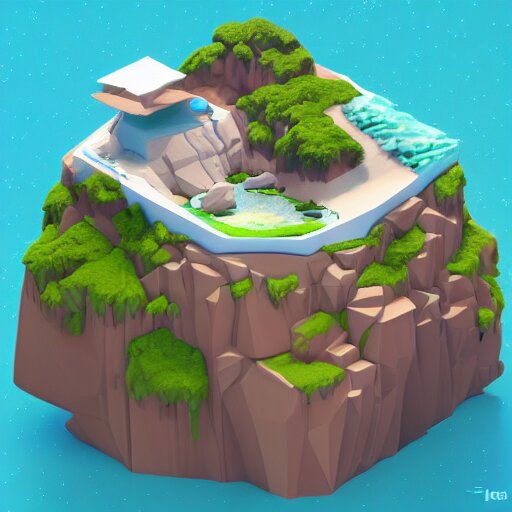 a floating island on an ocean isometric art, low poly art, game art, artstation, 3D render, cgsociety, unreal engine 5