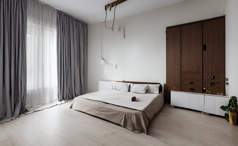 saudi arabian apartment bedroom interior, minimalism, bed, cupboards, modernism, persian design, compact, beige, black, wood, rust, little windows, brass, plants, retro futurism, swedish design 