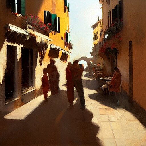 italian restaurant in venice, sunny, shadows, craig mullins 