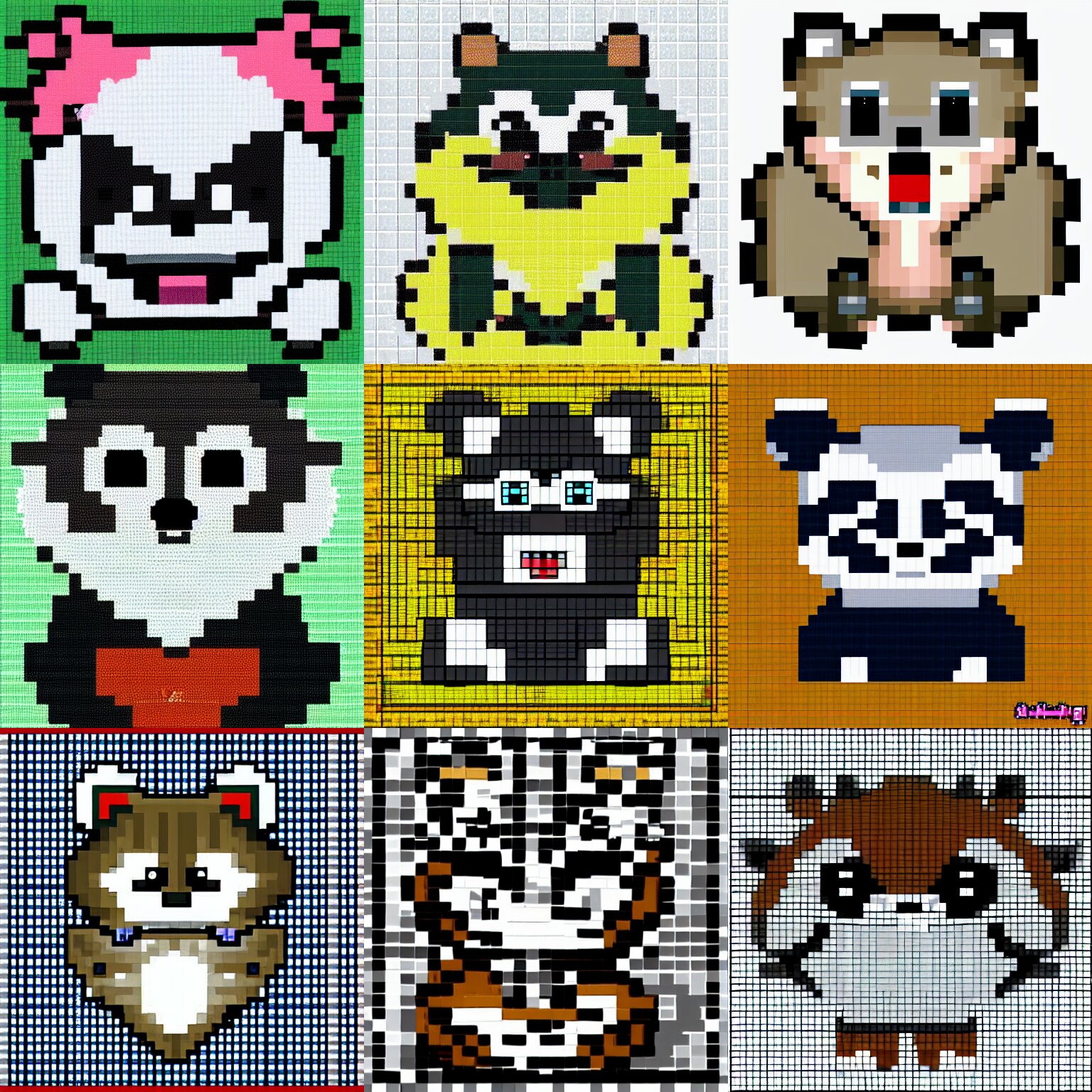 a pixel art of a cute raccoon smiling 