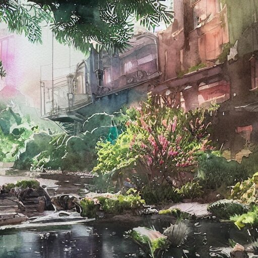 Beautiful happy picturesque charming sci-fi town in harmony with nature. Beautiful light. Water and plants. Nice colour scheme, soft warm colour. Beautiful detailed artsy watercolor by Vincent. (2022)